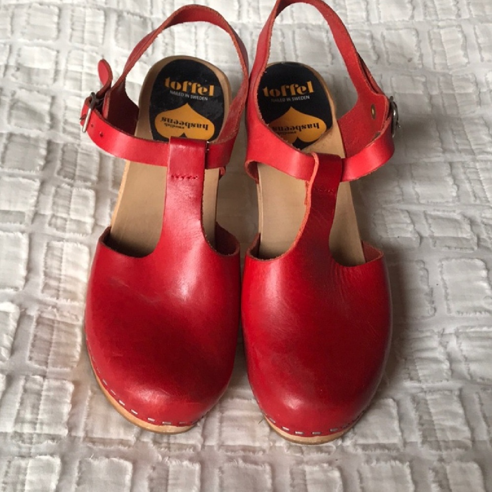 Swedish Hasbeens Sky High Red T Strap Platform